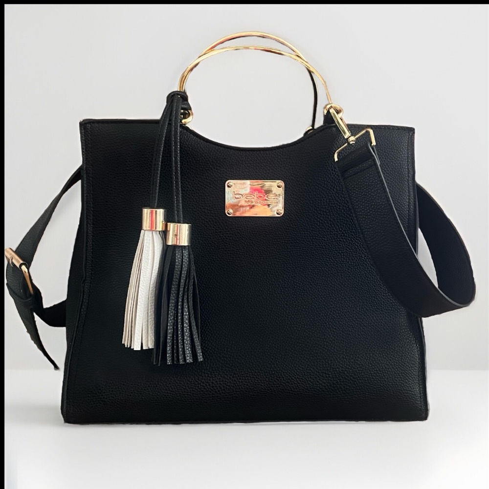 Bebe Los Ángeles Leather handbag, Purse, Black Gold Hooks, tassels Adjustable